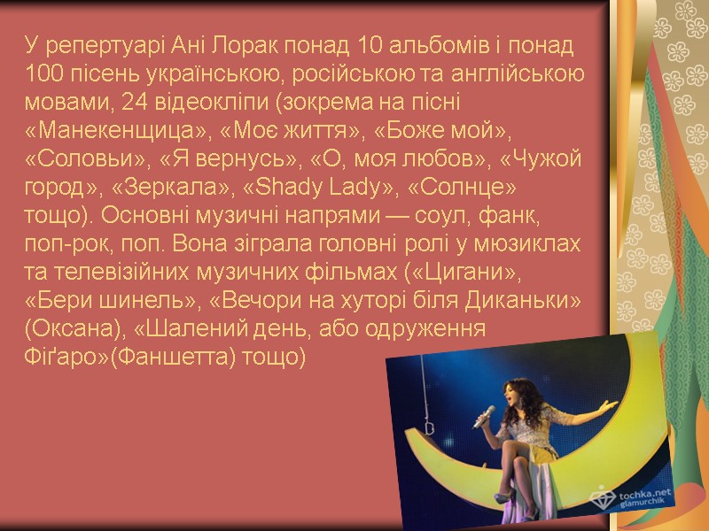 У репертуарі Ані Лорак понад 10 альбомів і понад 100 пісень українською, російською та
